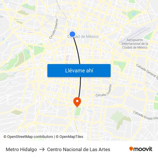 Metro Hidalgo to Centro Nacional de Las Artes map