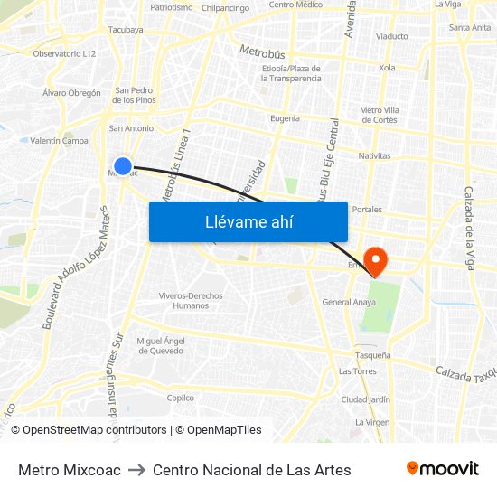 Metro Mixcoac to Centro Nacional de Las Artes map