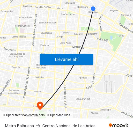 Metro Balbuena to Centro Nacional de Las Artes map