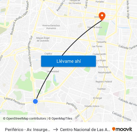 Periférico - Av. Insurgentes to Centro Nacional de Las Artes map