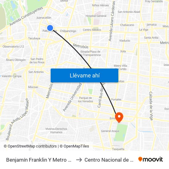 Benjamín Franklin Y Metro Patriotismo to Centro Nacional de Las Artes map