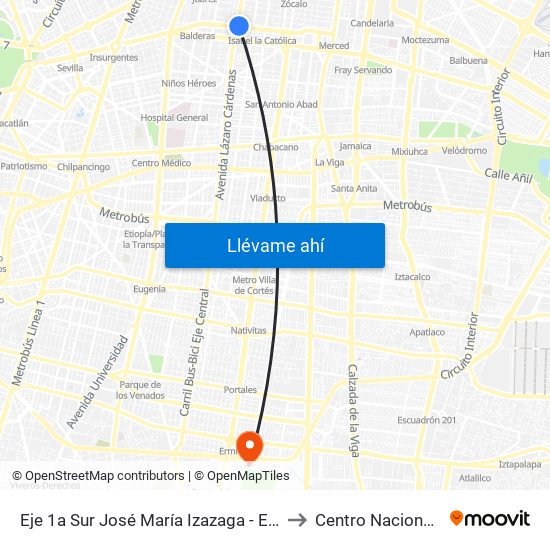 Eje 1a Sur José María Izazaga - Eje Central Lázaro Cardenas to Centro Nacional de Las Artes map