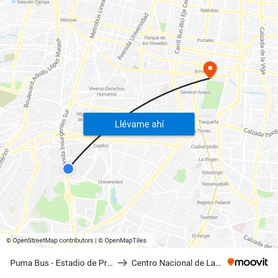 Puma Bus - Estadio de Prácticas to Centro Nacional de Las Artes map