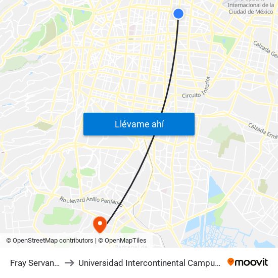 Fray Servando to Universidad Intercontinental Campus Sur map