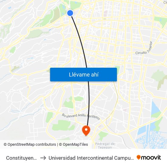 Constituyentes to Universidad Intercontinental Campus Sur map