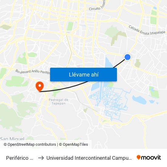Periférico Ote to Universidad Intercontinental Campus Sur map