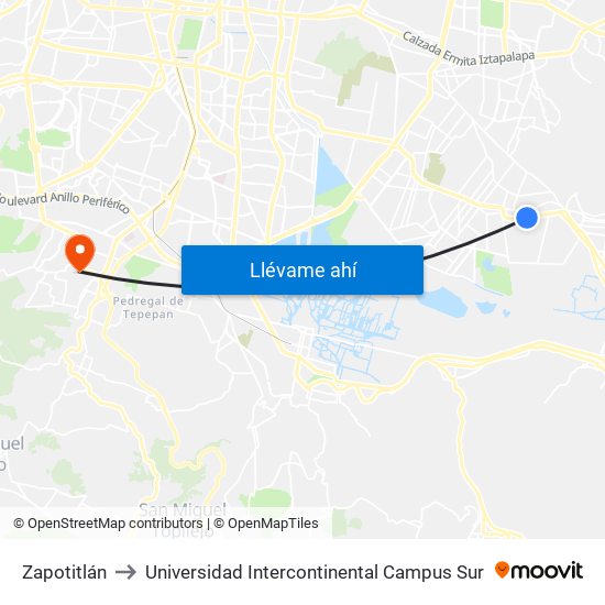 Zapotitlán to Universidad Intercontinental Campus Sur map