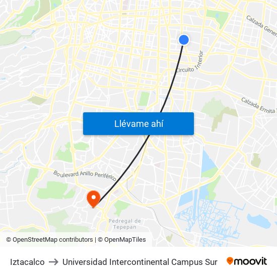 Iztacalco to Universidad Intercontinental Campus Sur map