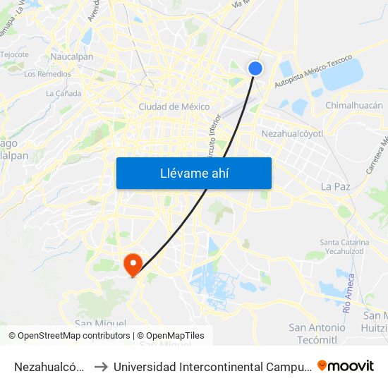 Nezahualcóyotl to Universidad Intercontinental Campus Sur map