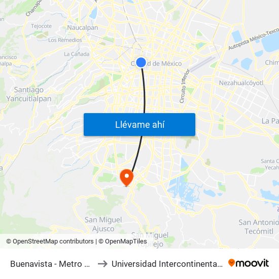 Buenavista - Metro Revolución to Universidad Intercontinental Campus Sur map