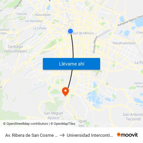 Av. Ribera de San Cosme - Metro San Cosmo to Universidad Intercontinental Campus Sur map