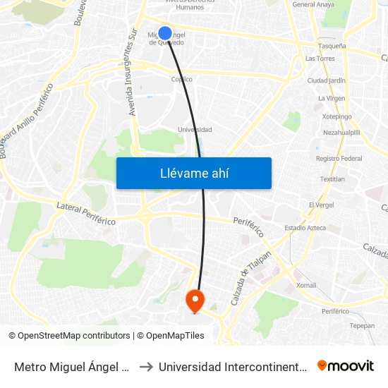 Metro Miguel Ángel de Quevedo to Universidad Intercontinental Campus Sur map