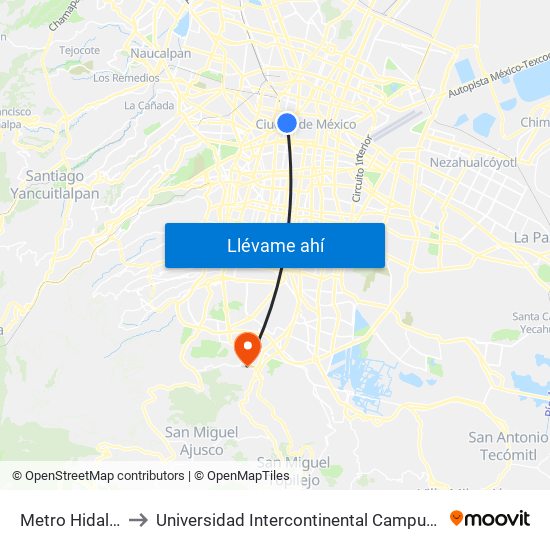 Metro Hidalgo to Universidad Intercontinental Campus Sur map