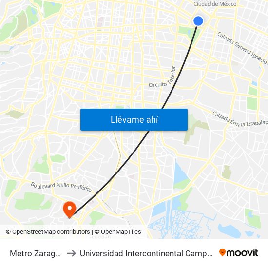 Metro Zaragoza to Universidad Intercontinental Campus Sur map