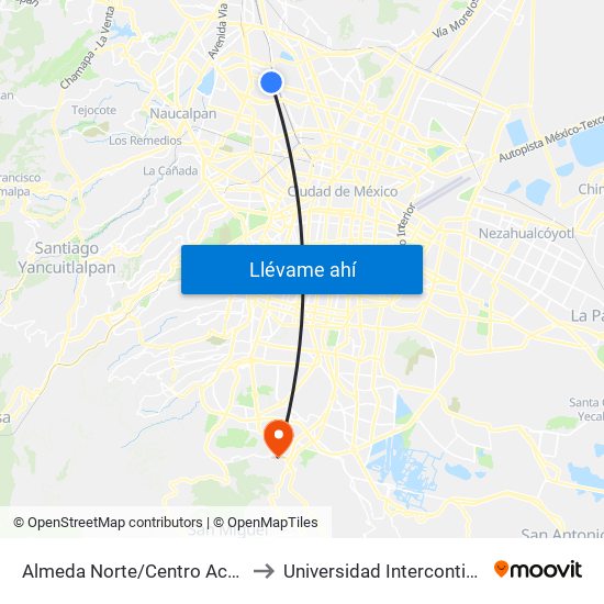 Almeda Norte/Centro Acuatico Azcapotzalco to Universidad Intercontinental Campus Sur map