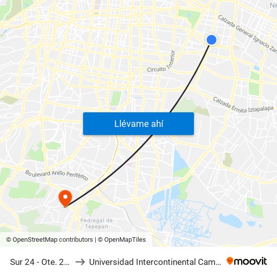 Sur 24 - Ote. 241 D to Universidad Intercontinental Campus Sur map