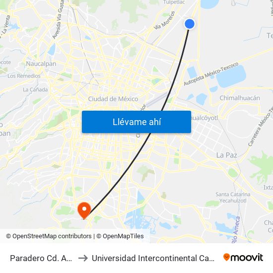 Paradero Cd. Azteca to Universidad Intercontinental Campus Sur map