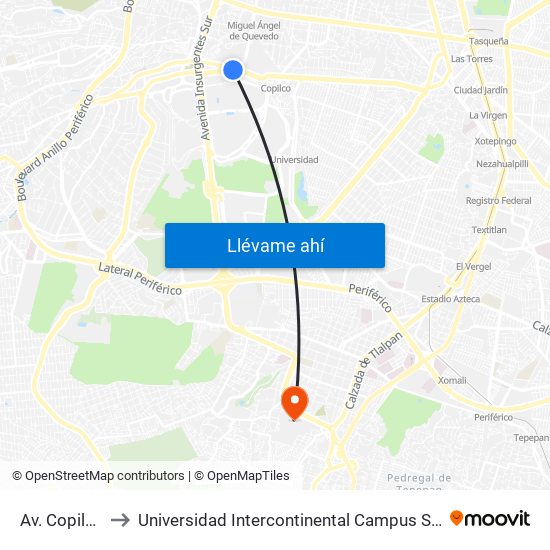 Av. Copilco to Universidad Intercontinental Campus Sur map