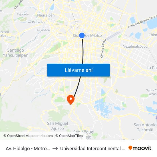 Av. Hidalgo - Metro Hidalgo to Universidad Intercontinental Campus Sur map
