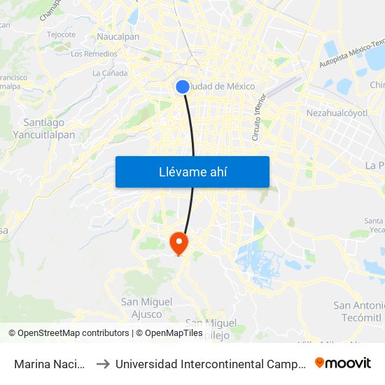 Marina Nacional to Universidad Intercontinental Campus Sur map