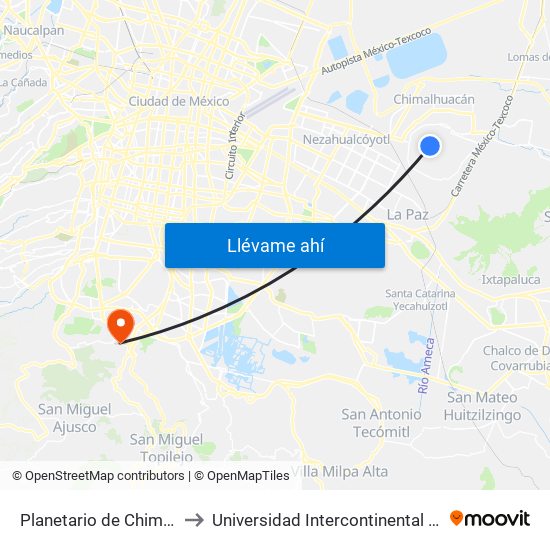 Planetario de Chimalhuacan to Universidad Intercontinental Campus Sur map