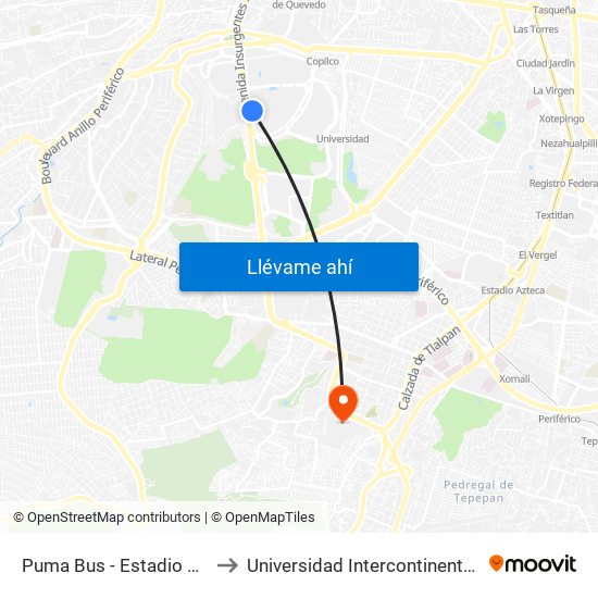 Puma Bus - Estadio de Prácticas to Universidad Intercontinental Campus Sur map