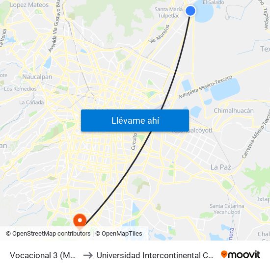 Vocacional 3 (Mexibus) to Universidad Intercontinental Campus Sur map