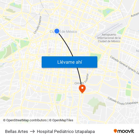 Bellas Artes to Hospital Pediátrico Iztapalapa map