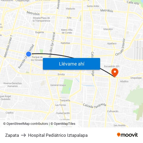 Zapata to Hospital Pediátrico Iztapalapa map