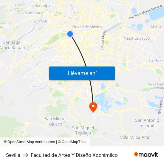 Sevilla to Facultad de Artes Y Diseño Xochimilco map