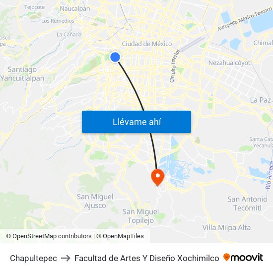 Chapultepec to Facultad de Artes Y Diseño Xochimilco map