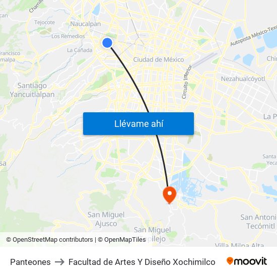 Panteones to Facultad de Artes Y Diseño Xochimilco map