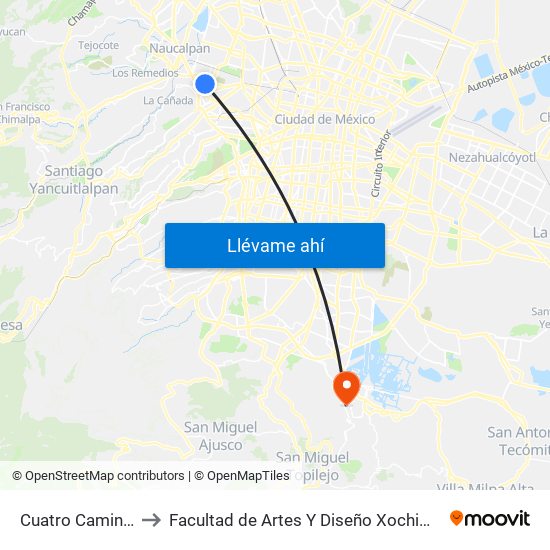 Cuatro Caminos to Facultad de Artes Y Diseño Xochimilco map
