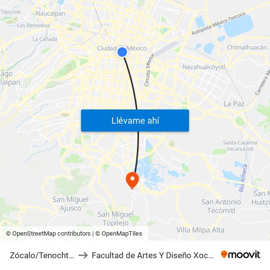 Zócalo/Tenochtitlán to Facultad de Artes Y Diseño Xochimilco map