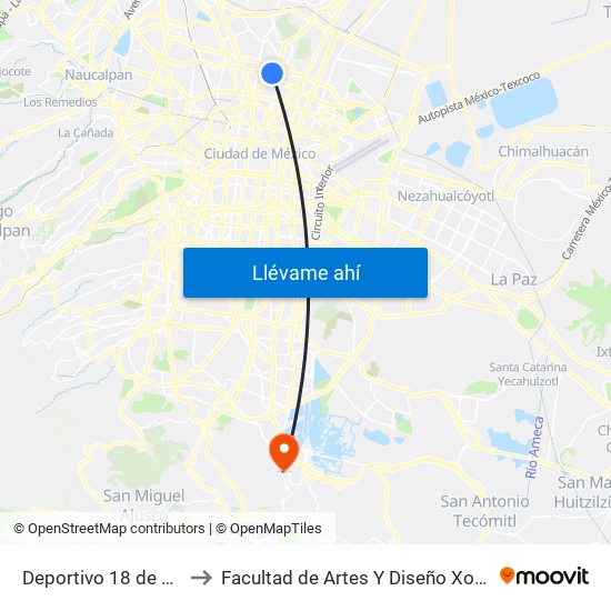 Deportivo 18 de Marzo to Facultad de Artes Y Diseño Xochimilco map