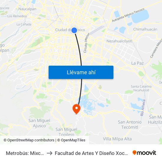 Metrobús: Mixcalco to Facultad de Artes Y Diseño Xochimilco map
