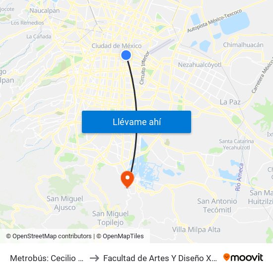 Metrobús: Cecilio Robelo to Facultad de Artes Y Diseño Xochimilco map