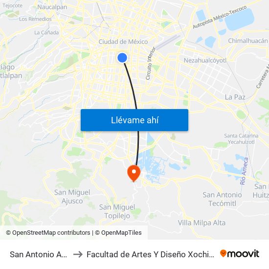 San Antonio Abad to Facultad de Artes Y Diseño Xochimilco map