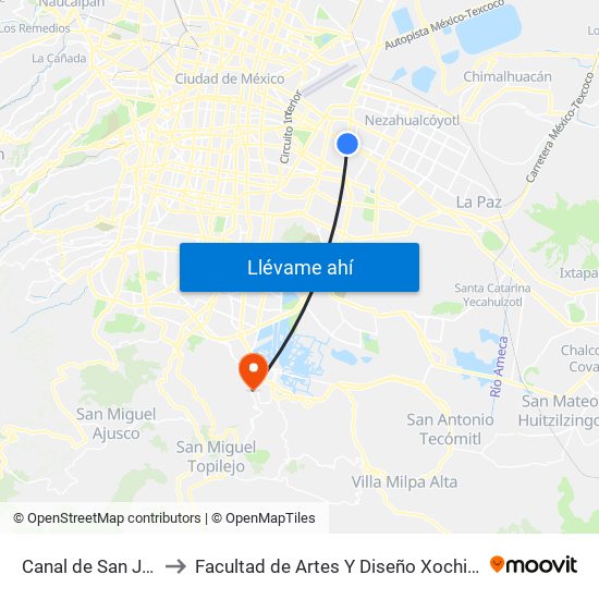 Canal de San Juan to Facultad de Artes Y Diseño Xochimilco map