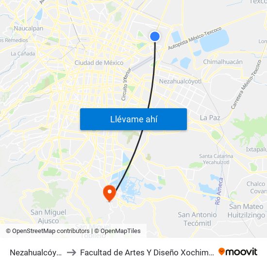 Nezahualcóyotl to Facultad de Artes Y Diseño Xochimilco map