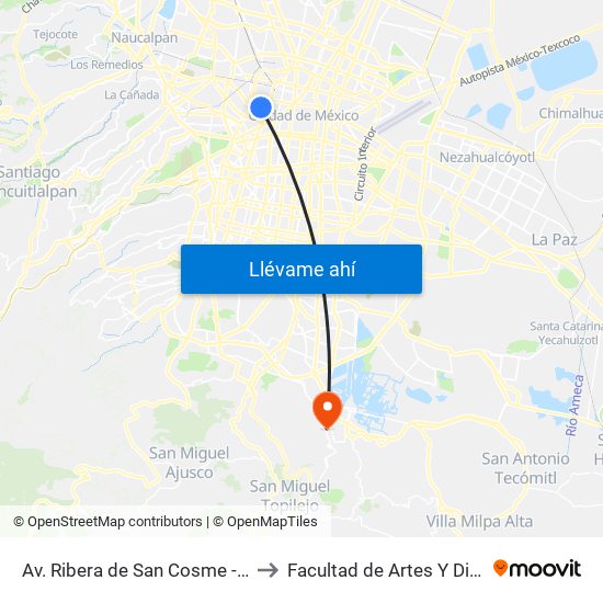 Av. Ribera de San Cosme - Metro San Cosmo to Facultad de Artes Y Diseño Xochimilco map
