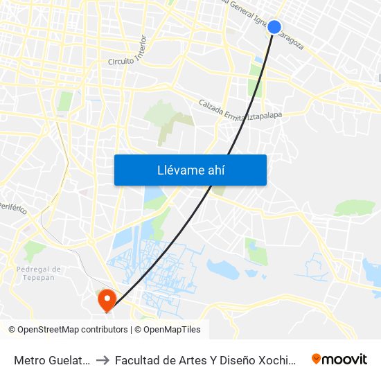 Metro Guelatao to Facultad de Artes Y Diseño Xochimilco map