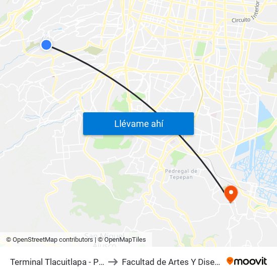 Terminal Tlacuitlapa - Puerta Grande to Facultad de Artes Y Diseño Xochimilco map