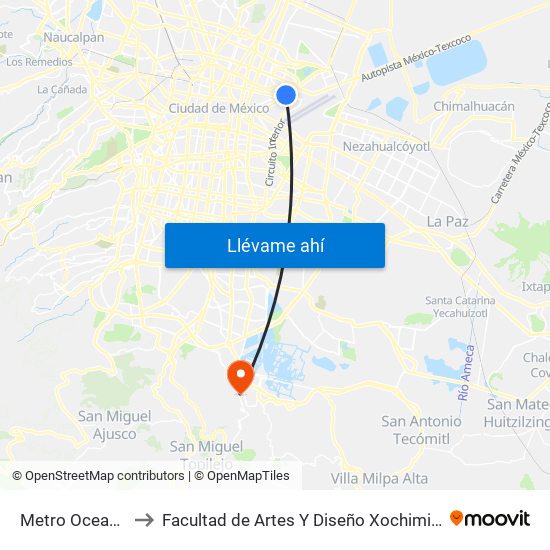 Metro Oceanía to Facultad de Artes Y Diseño Xochimilco map