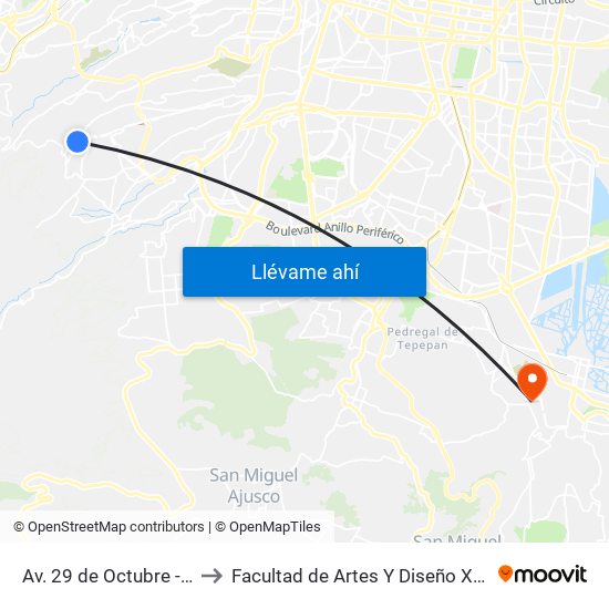 Av. 29 de Octubre - La Era to Facultad de Artes Y Diseño Xochimilco map