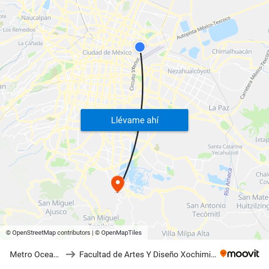 Metro Oceania to Facultad de Artes Y Diseño Xochimilco map