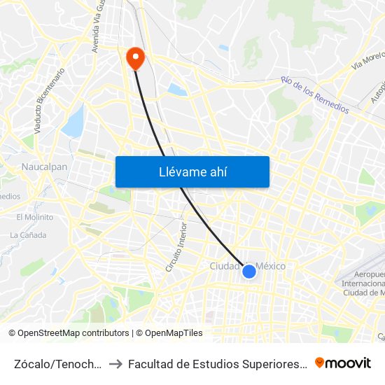 Zócalo/Tenochtitlán to Facultad de Estudios Superiores Iztacala map