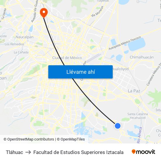 Tláhuac to Facultad de Estudios Superiores Iztacala map