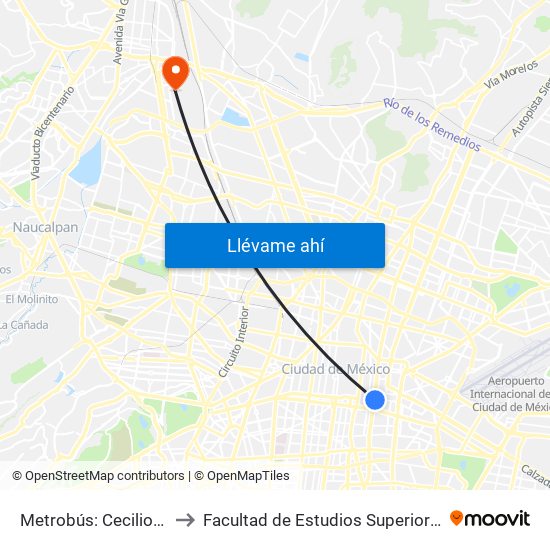 Metrobús: Cecilio Robelo to Facultad de Estudios Superiores Iztacala map