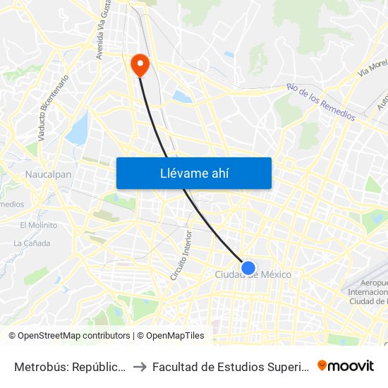 Metrobús: República de Chile to Facultad de Estudios Superiores Iztacala map